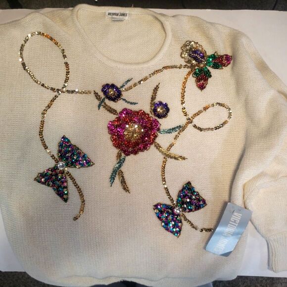 Victoria Jones Cream Floral Bead & Sequin Pull-Over Sweater Size Large NWT - Picture 10 of 10